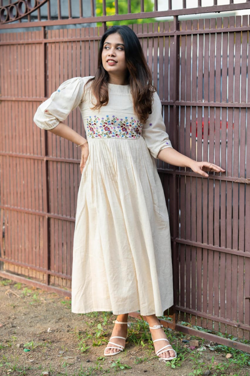 š„Launching Off-white cotton dress with floral embroidery and crochet lace detailing on yoke and sleevesš„