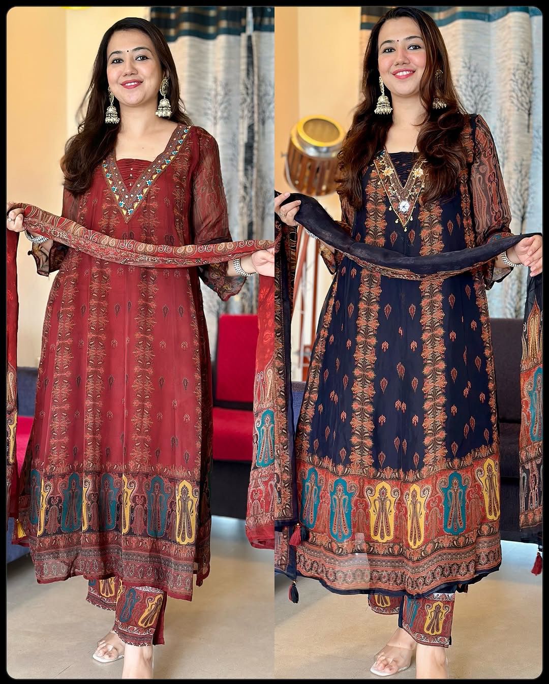 Beautiful pure premium chiffon digital printed Anarkali set with handwork on neck it has attached lining paired up with santoon slik pant and Organza digital printed dupatta sets(WARED18)