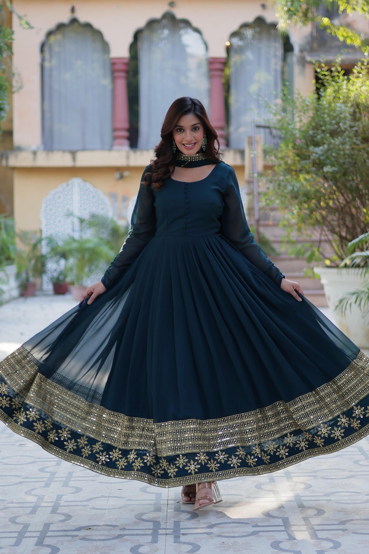 Faux Blooming Gown with Dupatta With Attractive Embroidered work.๐