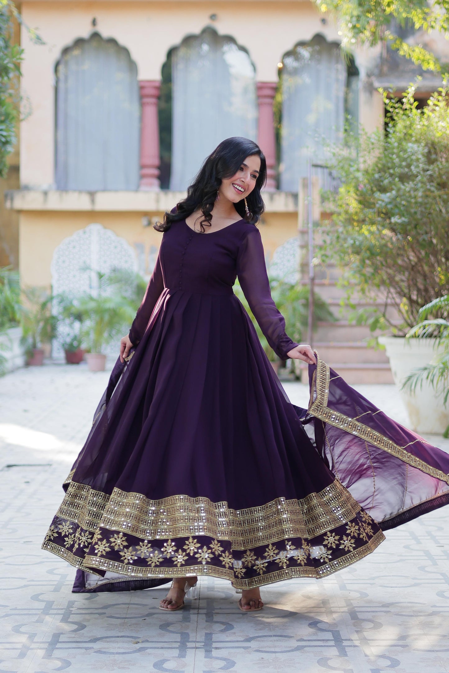 Faux Blooming Gown with Dupatta With Attractive Embroidered work.๐