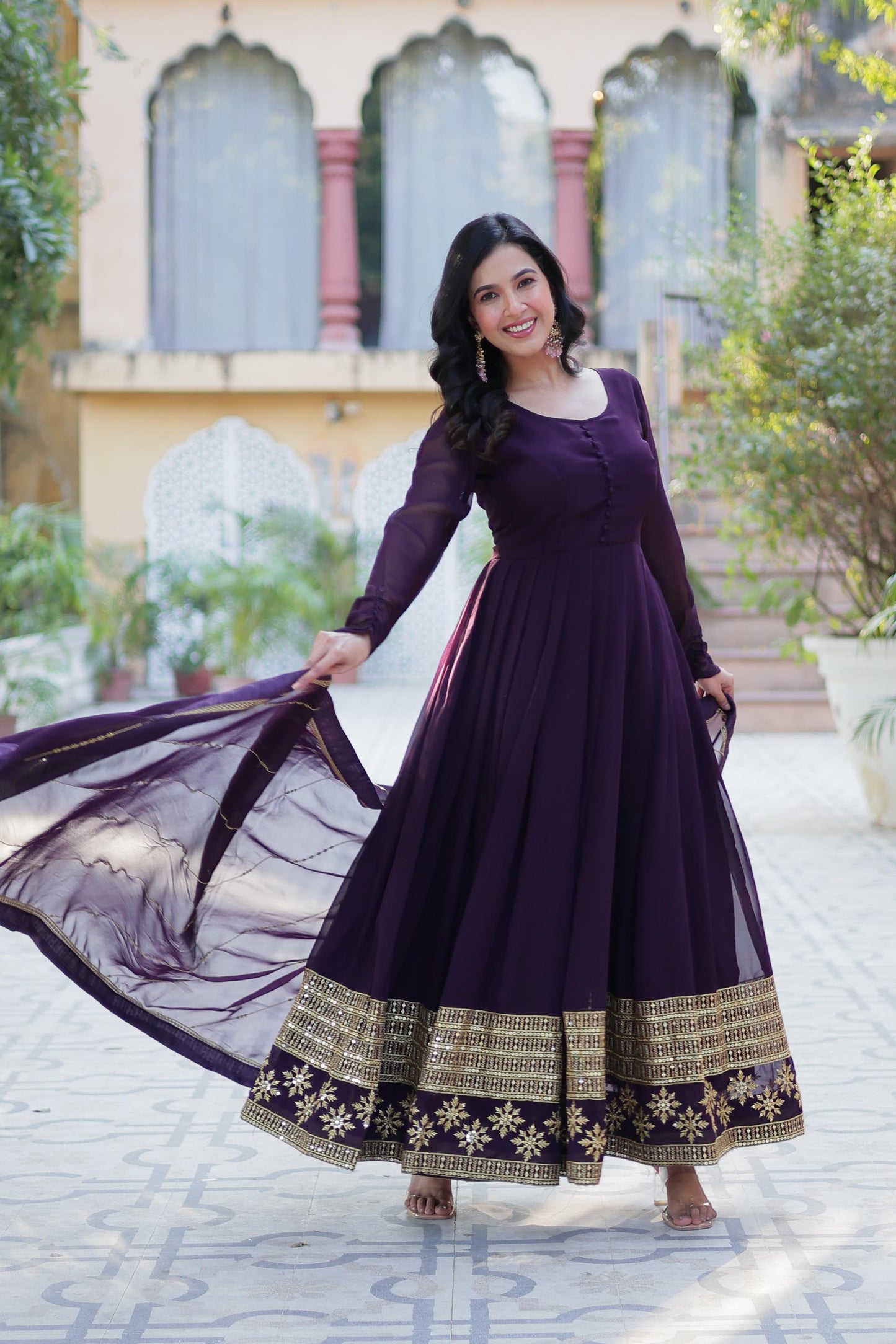 Faux Blooming Gown with Dupatta With Attractive Embroidered work.๐