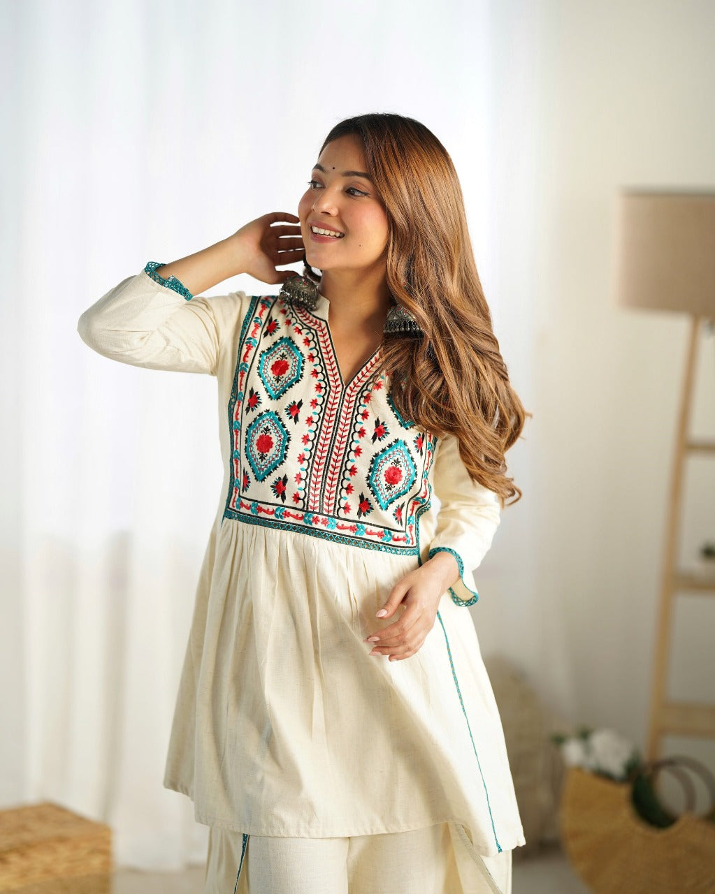 A Designer Embroidered Cotton Flex Kurta paired with Freestyle Pants or Palazzo offers a blend of traditional aesthetics and modern comfort.(WACD28)
