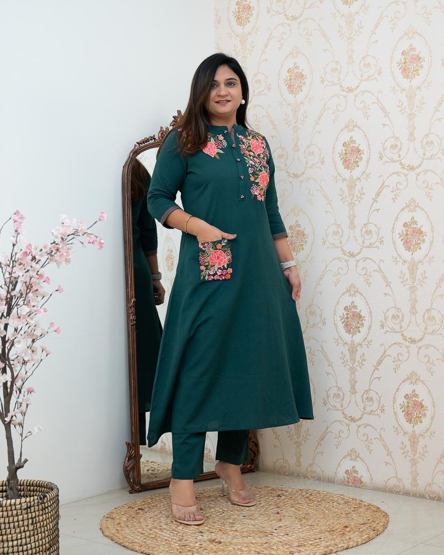 🌹🌹Pure fine Cotton fabric Embroidery Work Kurti with Pant with cotton 100-100🌹🌹A-line (WACD22)