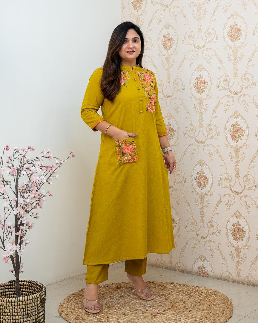 🌹🌹Pure fine Cotton fabric Embroidery Work Kurti with Pant with cotton 100-100🌹🌹A-line (WACD22)