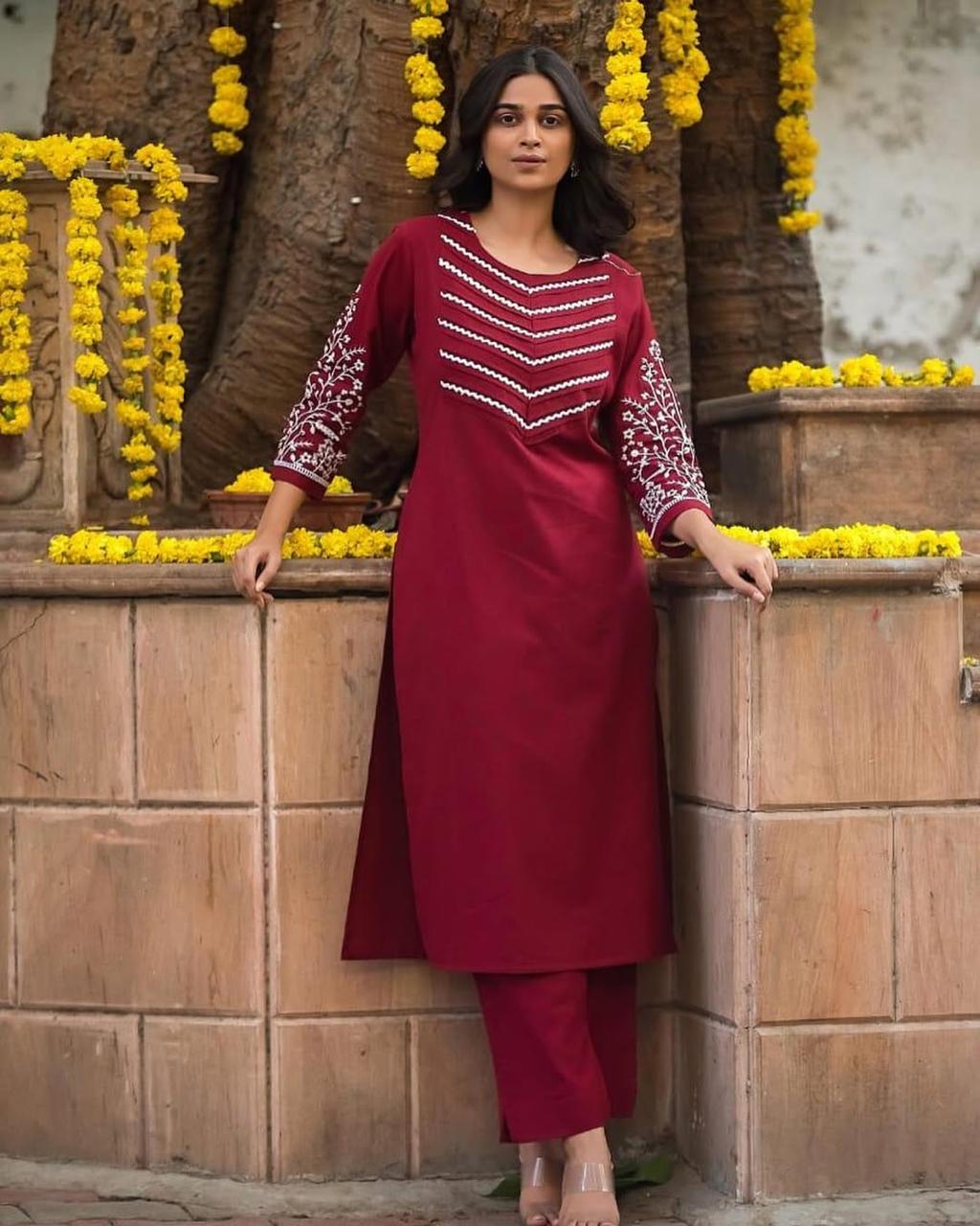 Upgrade your office wear wardrobe with this classy kurti pant with embroidery ; pintex detailing for all day comfort and trendy look🌸🌸 (WACD23)