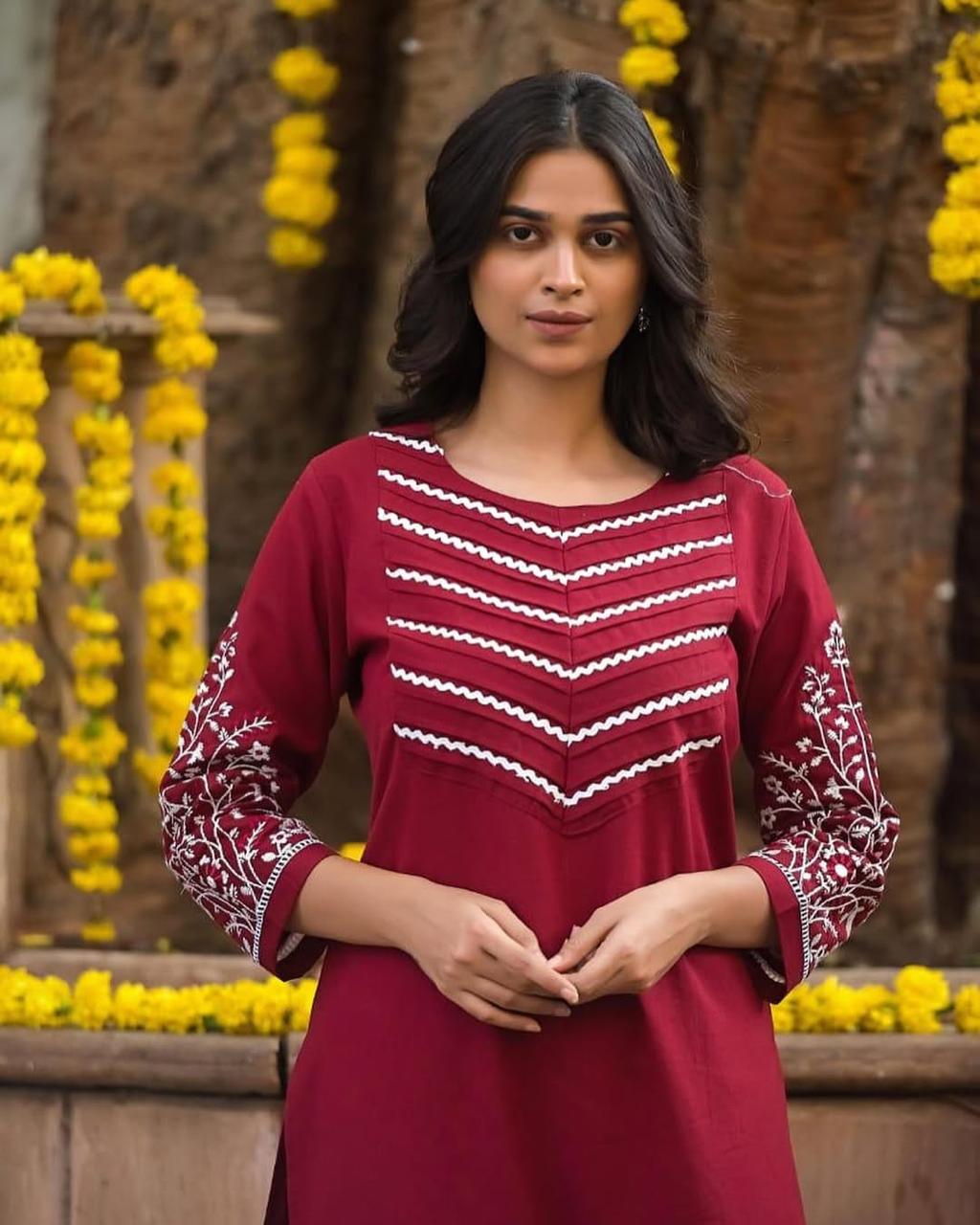 Upgrade your office wear wardrobe with this classy kurti pant with embroidery ; pintex detailing for all day comfort and trendy look🌸🌸 (WACD23)