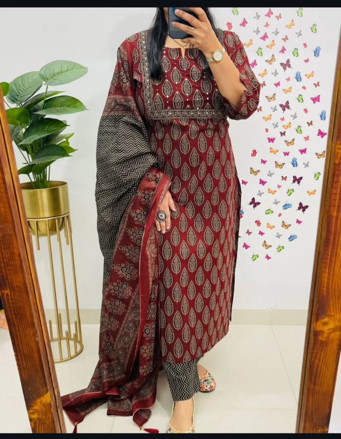 Premium fine cotton with handcrafted work on yoke paired with fine cotton dupatta with pant*....(WARED378)