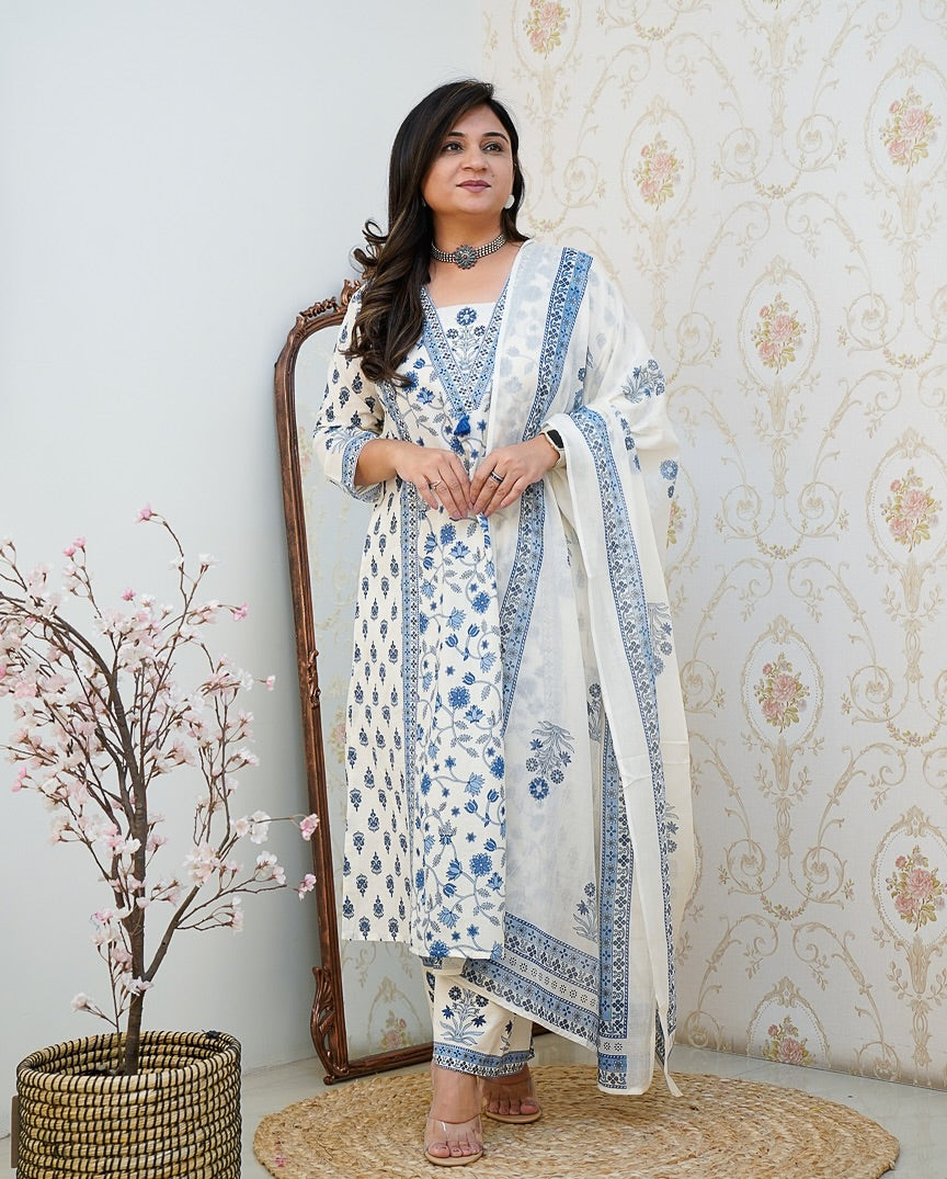 New Floral Motif Printed Cotton kurta Set the kurta and Pleated Salwar and Soft Cotton Dupatta💃💃(WARED395)