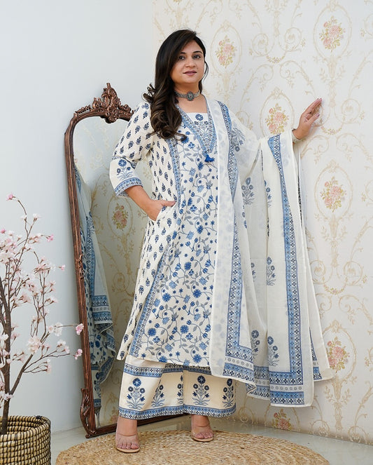 New Floral Motif Printed Cotton kurta Set the kurta and Pleated Salwar and Soft Cotton Dupatta๐๐(WARED395)