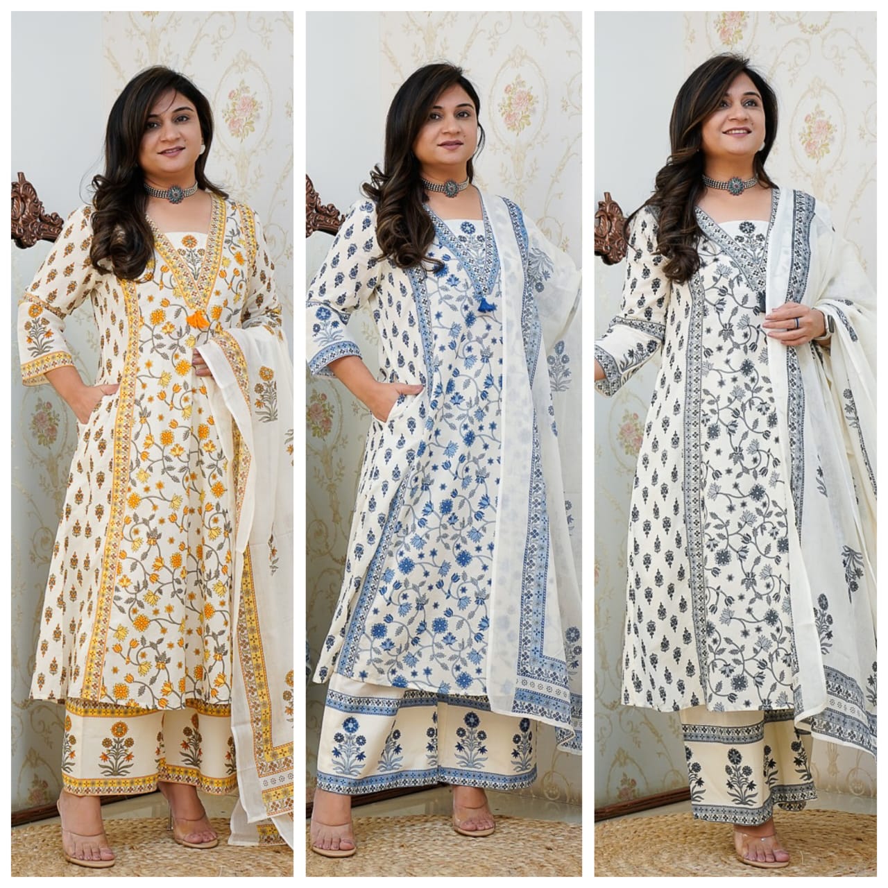 New Floral Motif Printed Cotton kurta Set the kurta and Pleated Salwar and Soft Cotton Dupatta💃💃(WARED395)