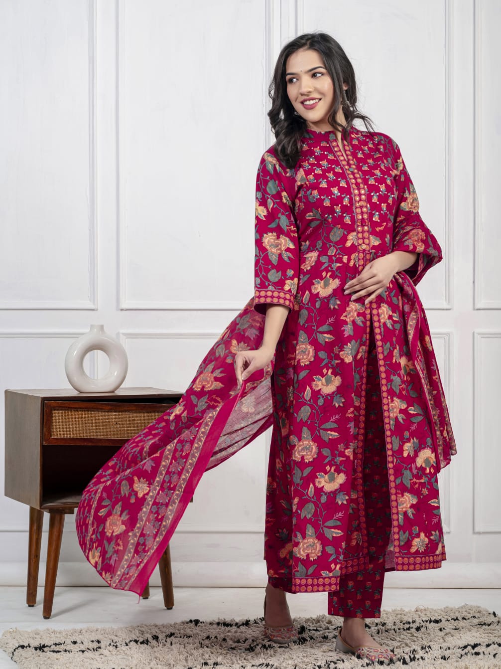 New Cotton Festival Collection In Pure Cotton With Hand And Adda mirror Work kurti And pant Dupatta Set (WARED407)