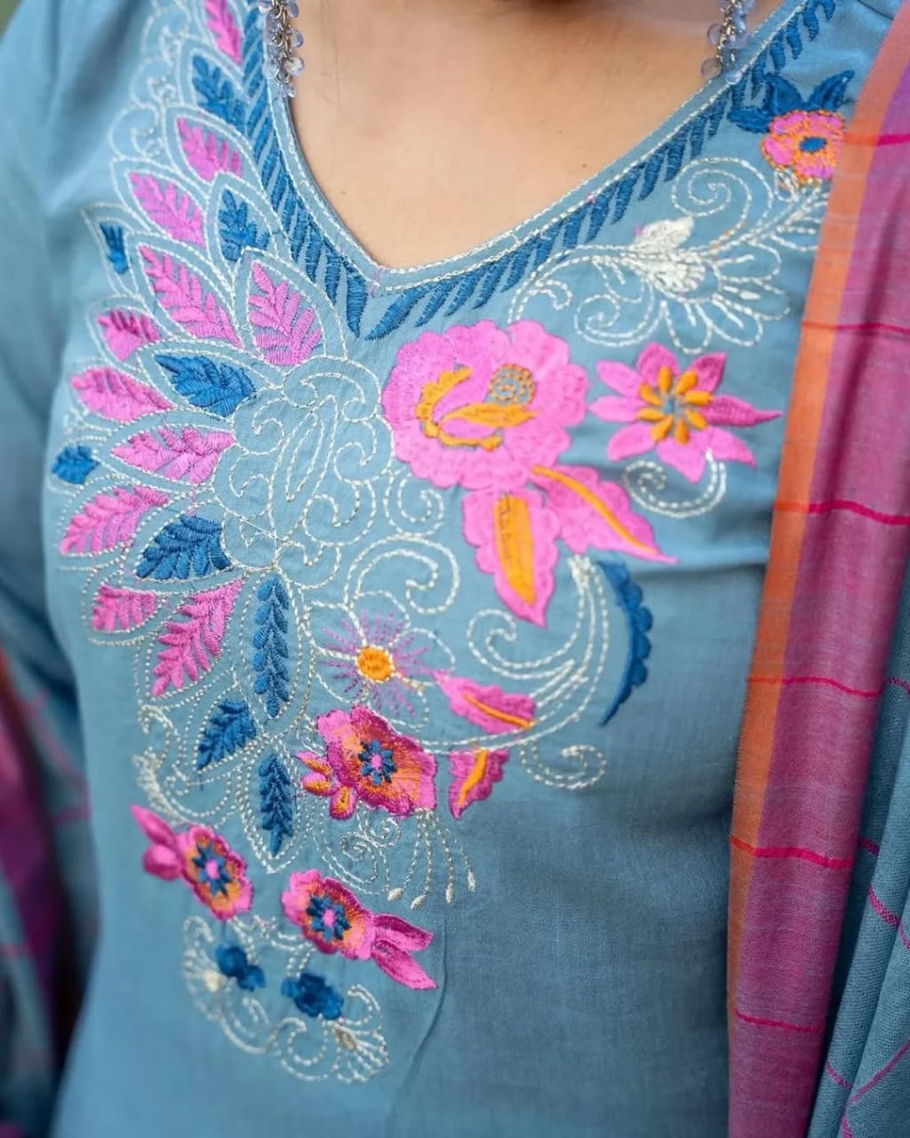 Handloom cotton embroidered kurti paired with handloom embroidered Cotton(WARED420)