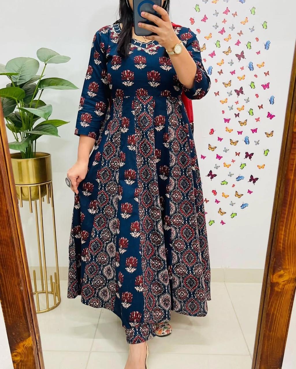 Launching beautiful ajrak print anarkali.. this pure cotton attire is worth buying to feel comfortable this summer...