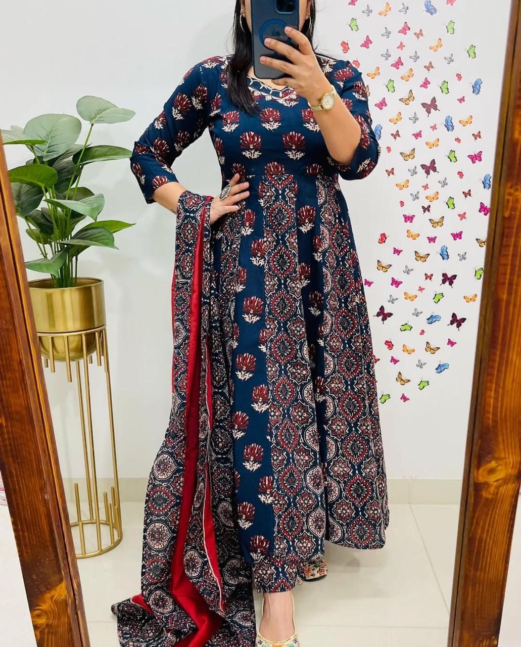 Launching beautiful ajrak print anarkali.. this pure cotton attire is worth buying to feel comfortable this summer...