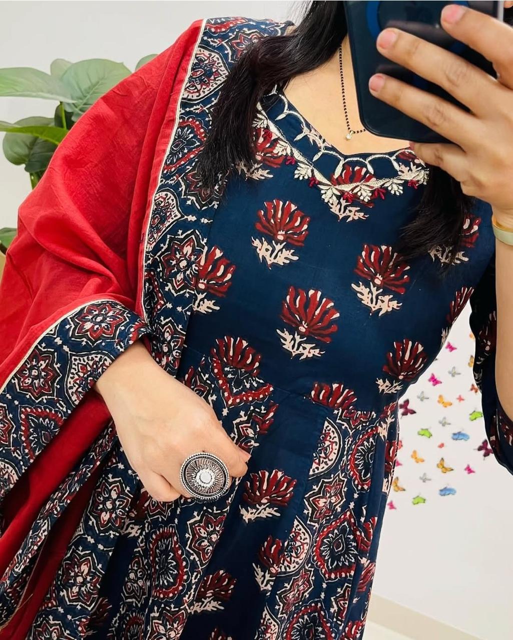 Launching beautiful ajrak print anarkali.. this pure cotton attire is worth buying to feel comfortable this summer...