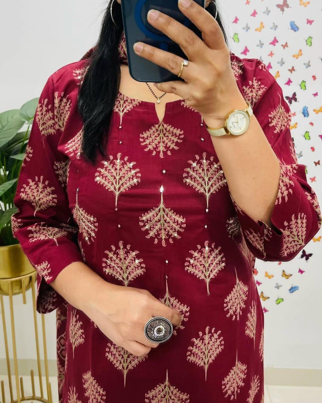 🌹🌹Pure fine Cotton fabric Kurti with Pant with cotton 100-100 Dupatta🌹🌹Havy sequence hand Adda work on yoke