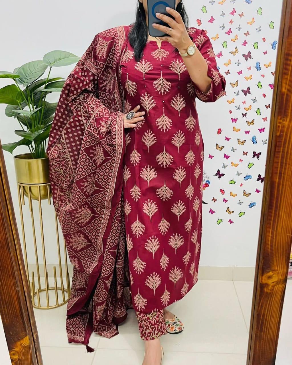 🌹🌹Pure fine Cotton fabric Kurti with Pant with cotton 100-100 Dupatta🌹🌹Havy sequence hand Adda work on yoke