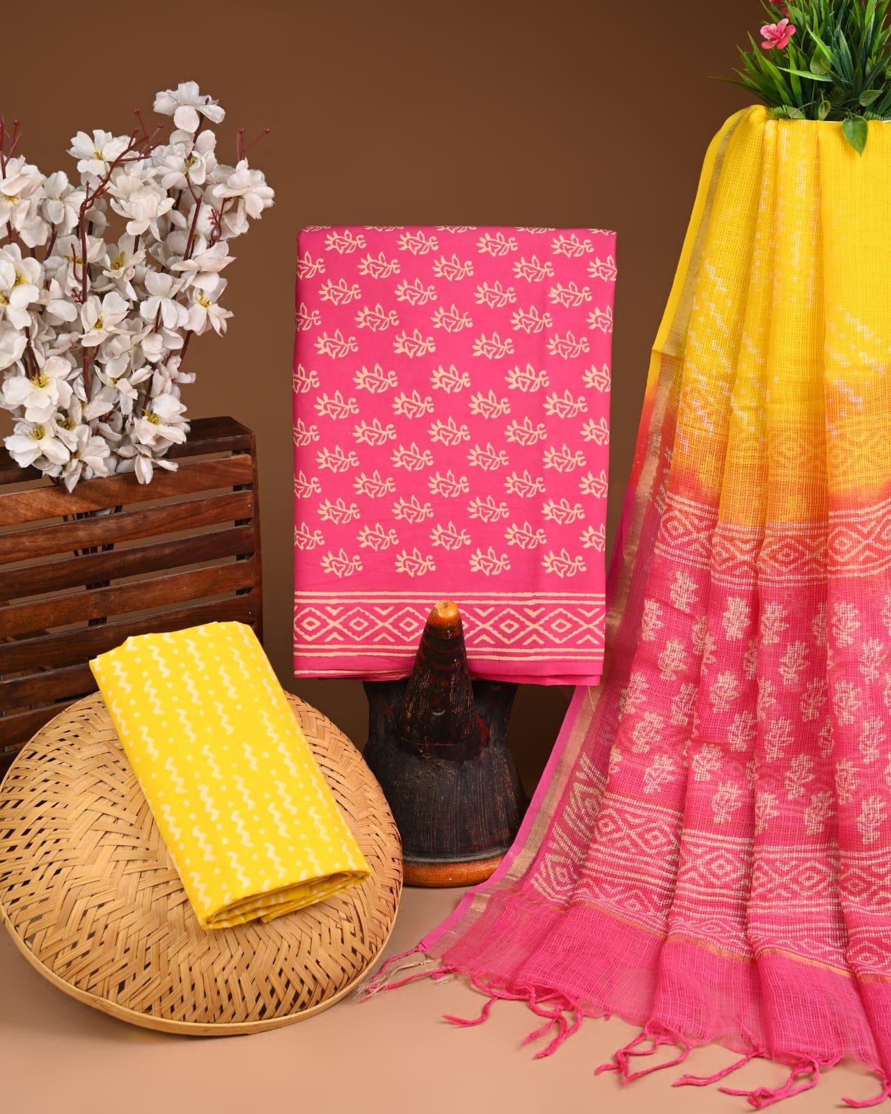 DESIGNER HAND BLOCK PRINT COTTON SUIT SET WITH KOTA DORIA DUPATTA (WAKOTMU14)