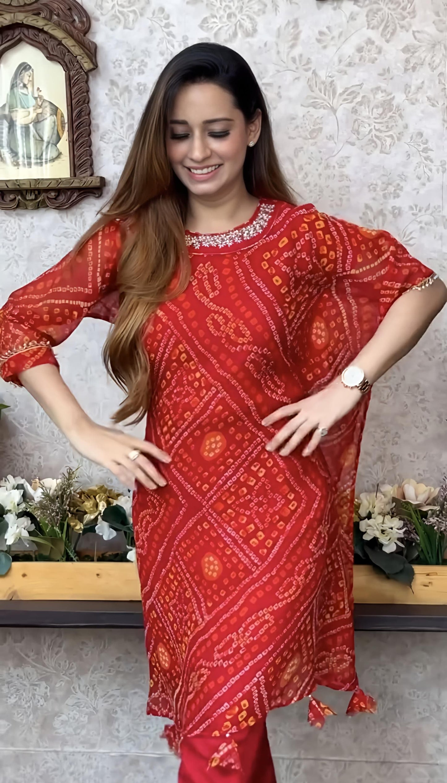 Export Chinnon Premium Bhandej Hand Work Kaftan Pattern Kurti With Premium Pant At Manufacturing Rate (WACD126)01