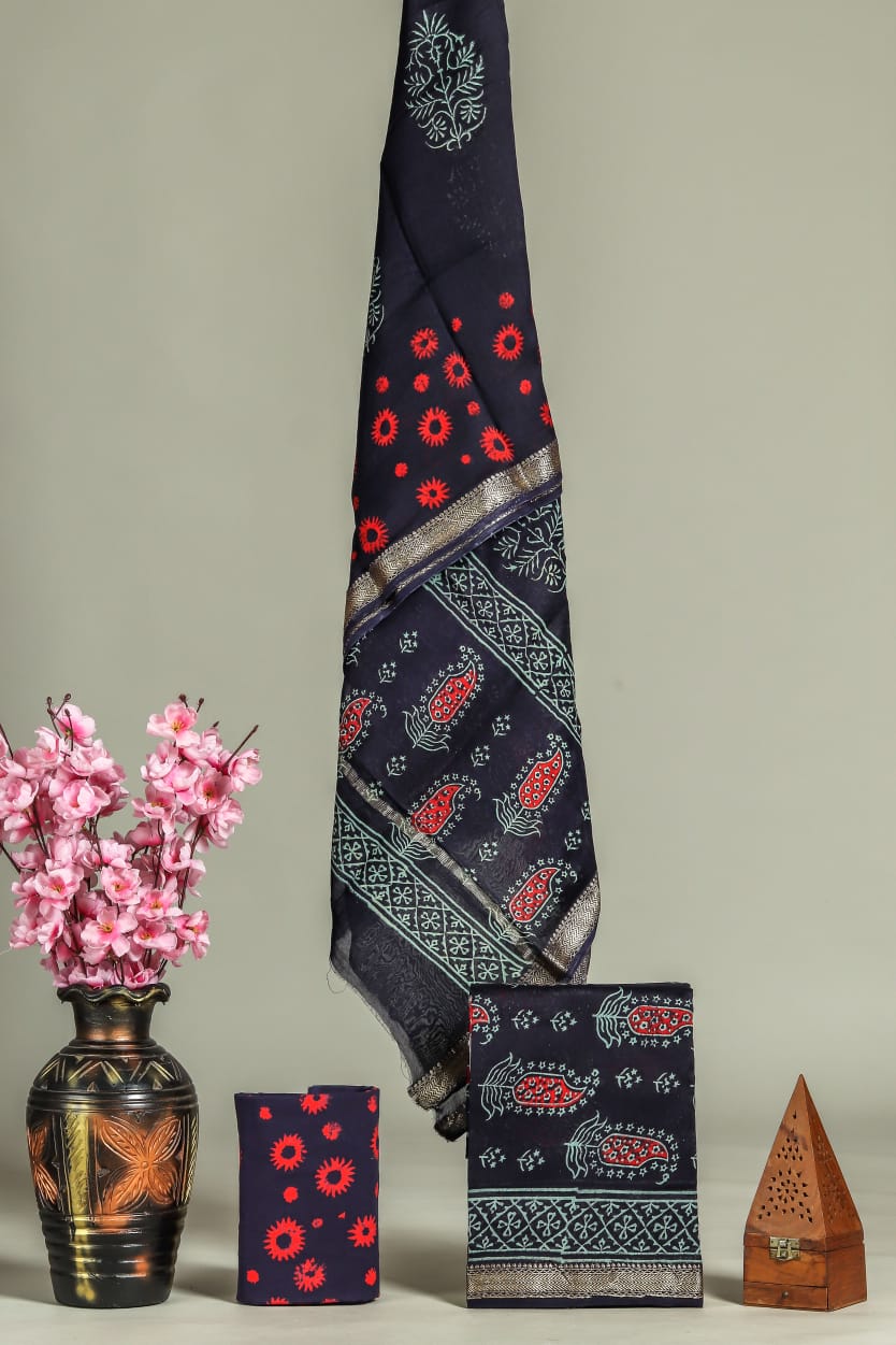 Designer Hand Block Print Maheshwari Silk Suit Set 14