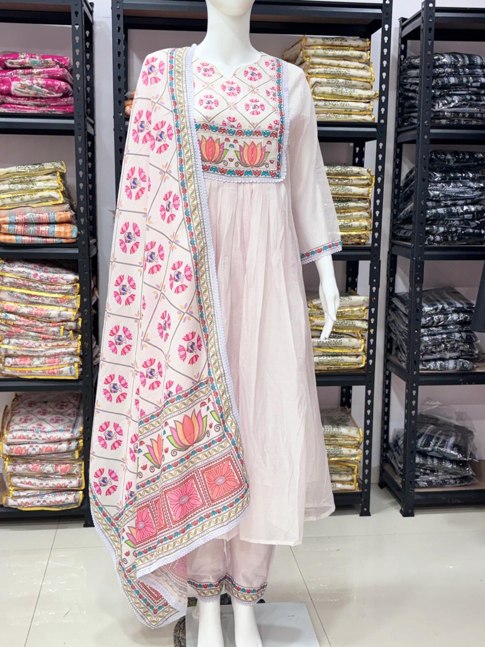 Premium Mul Chanderi 3 Pcs Gown Set (WARED484)
