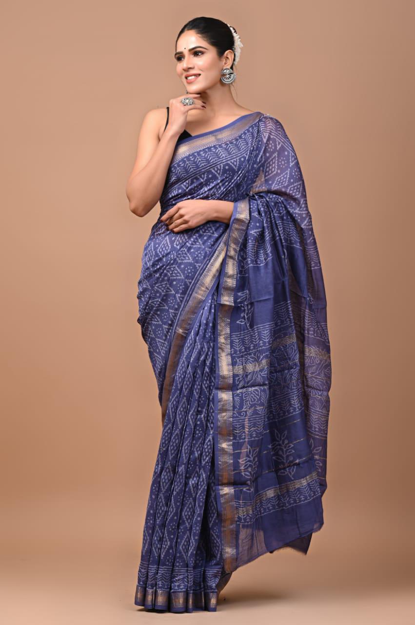 Exclusive Hand Block Printed Maheshwari Silk Saree (SWSRMAH04)