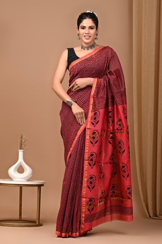 Premium Hand Block Printed Chanderi Silk Saree (SWSRCHACH03)