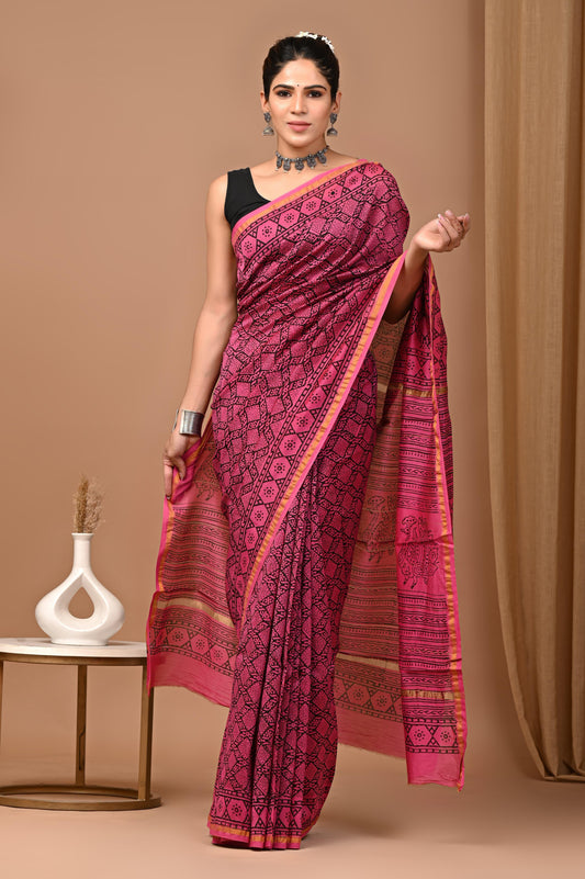 Premium Hand Block Printed Chanderi Silk Saree (SWSRCHACH09)