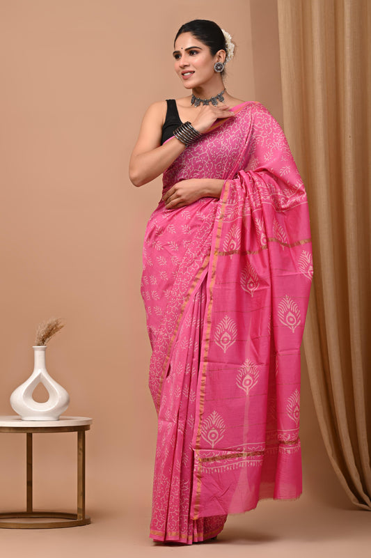 Premium Hand Block Printed Chanderi Silk Saree (SWSRCHACH12)