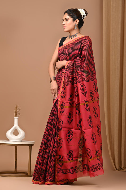 Premium Hand Block Printed Chanderi Silk Saree (SWSRCHACH22)
