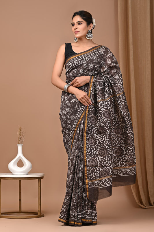 Premium Hand Block Printed Chanderi Silk Saree (SWSRCHACH26)