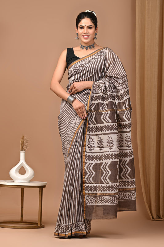 Premium Hand Block Printed Chanderi Silk Saree (SWSRCHACH29)
