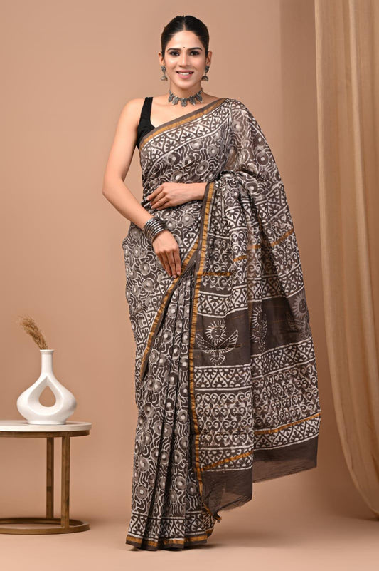 Premium Hand Block Printed Chanderi Silk Saree 76