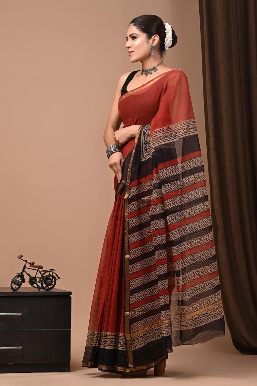 Exclusive hand Block Printed Kota Doria Saree (SWSRKO50)