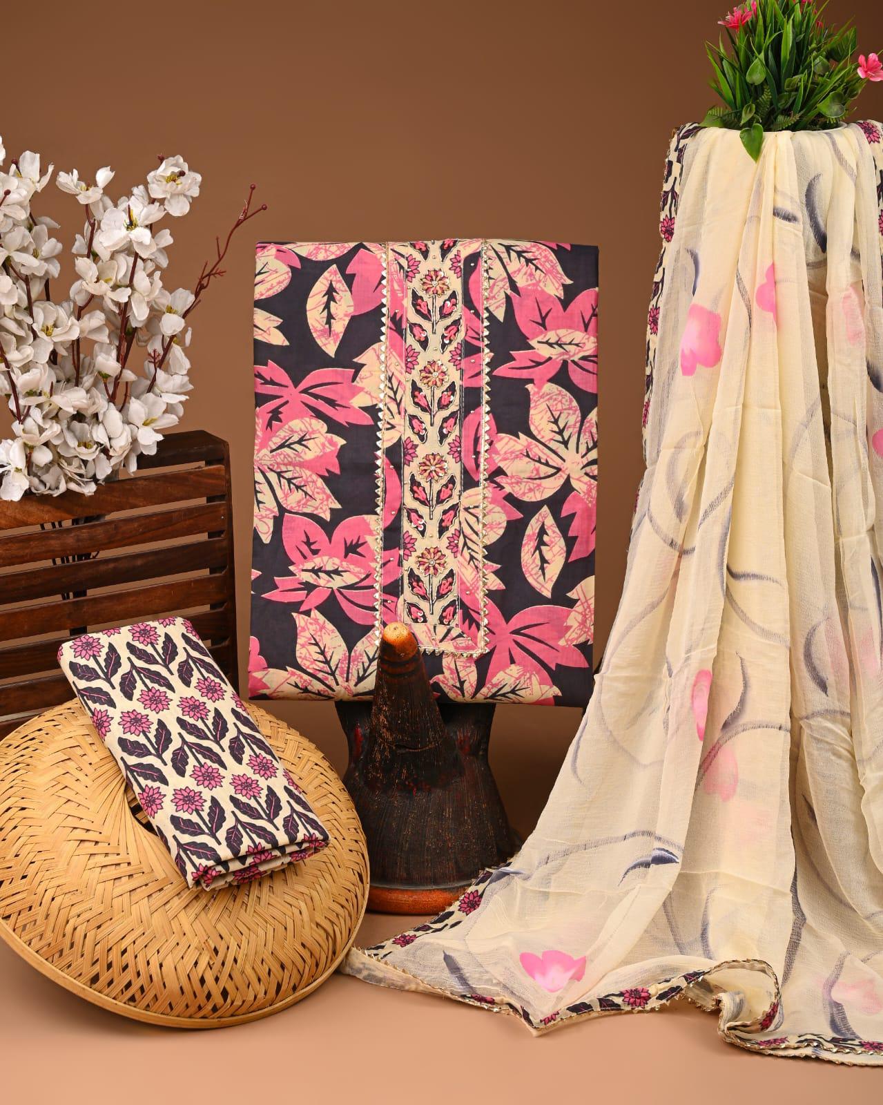 Designer zari gotapatti work Cotton Suit with chiffon dupatta(WAGP39)