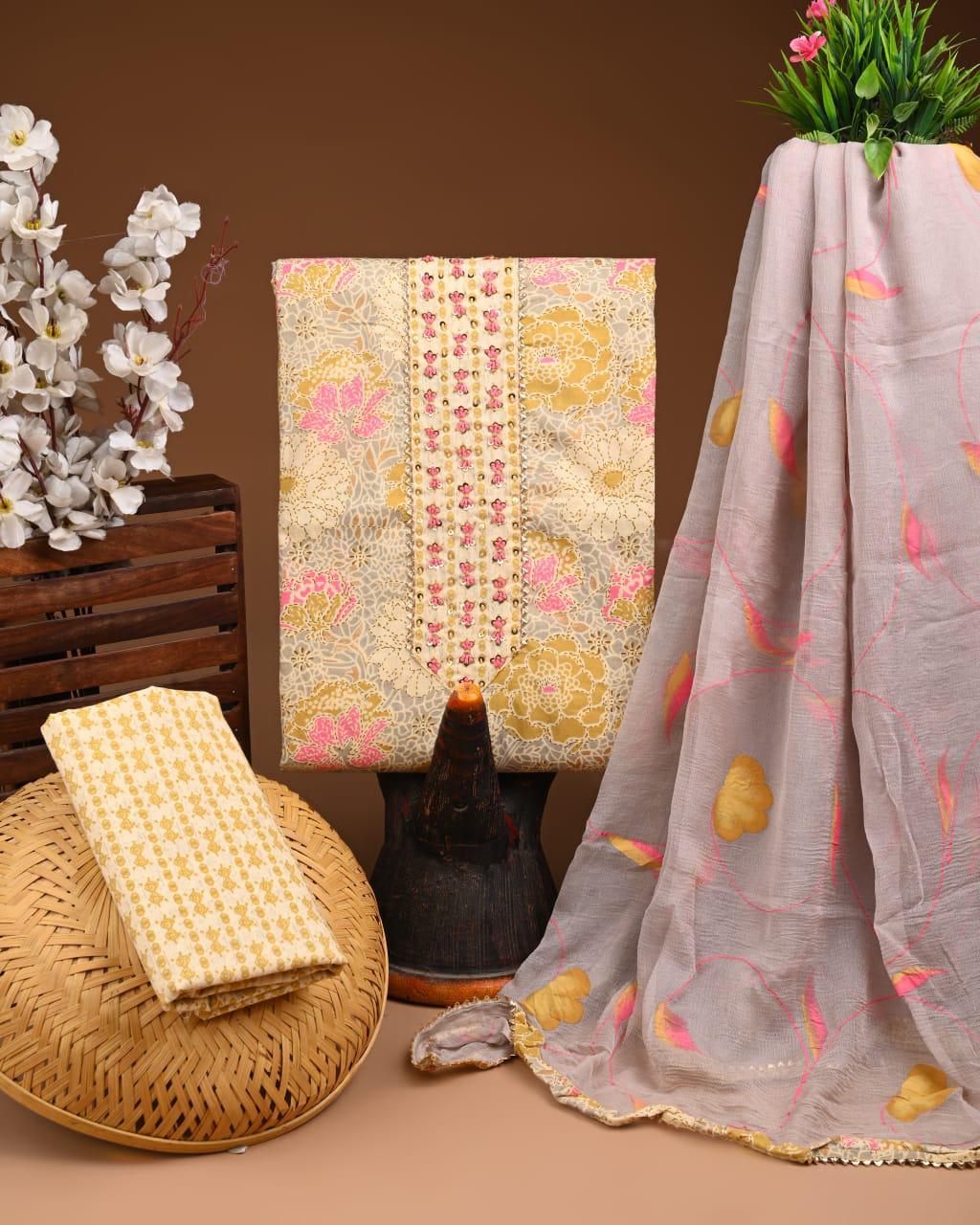 Designer zari gotapatti work Cotton Suit with chiffon dupatta(WAGP31)