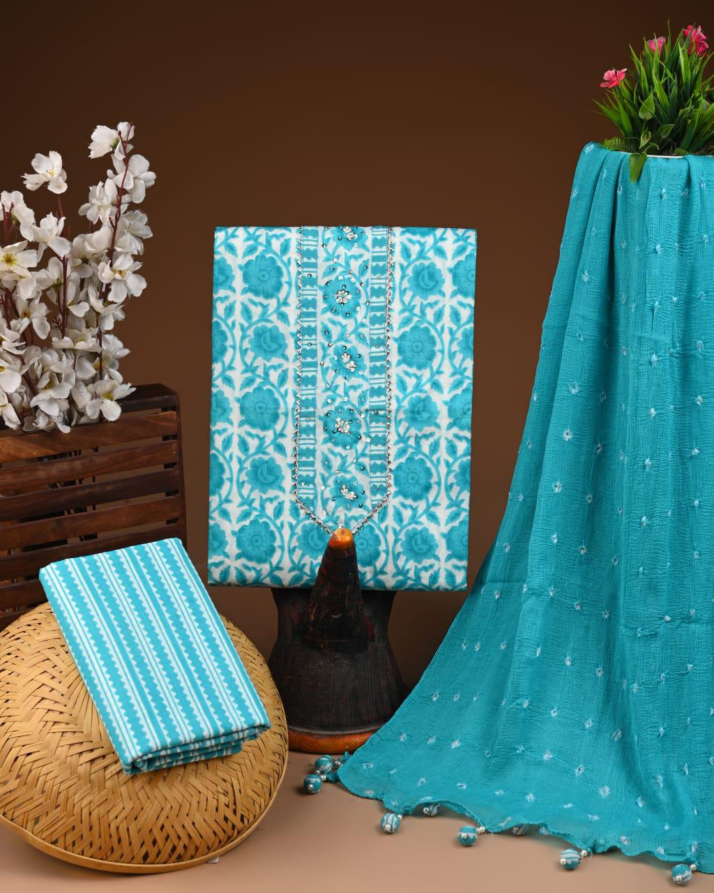 Designer zari gotapatti work Cotton Suit with chiffon dupatta(WAGP30)