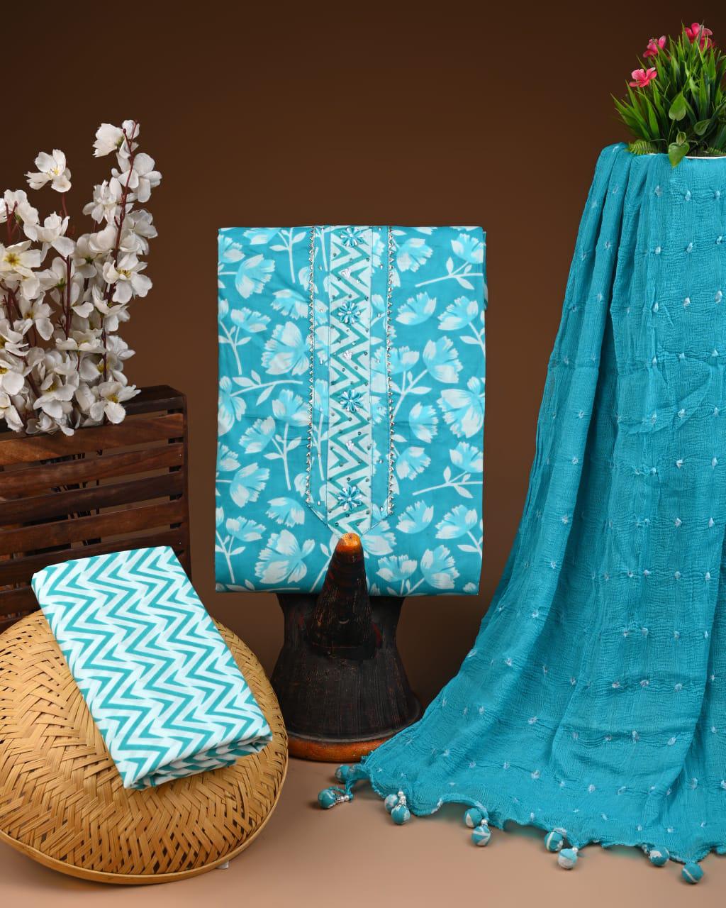 Designer zari gotapatti work Cotton Suit with chiffon dupatta(WAGP29)