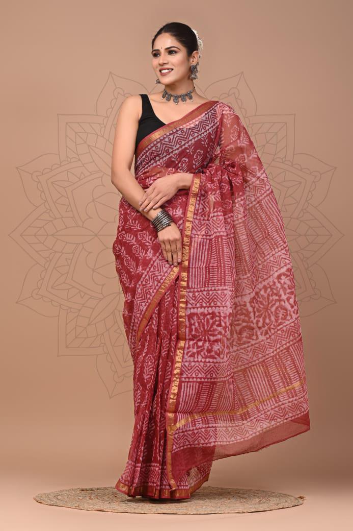 Exclusive hand Block Printed Kota Doria Saree (SWSRKO12)
