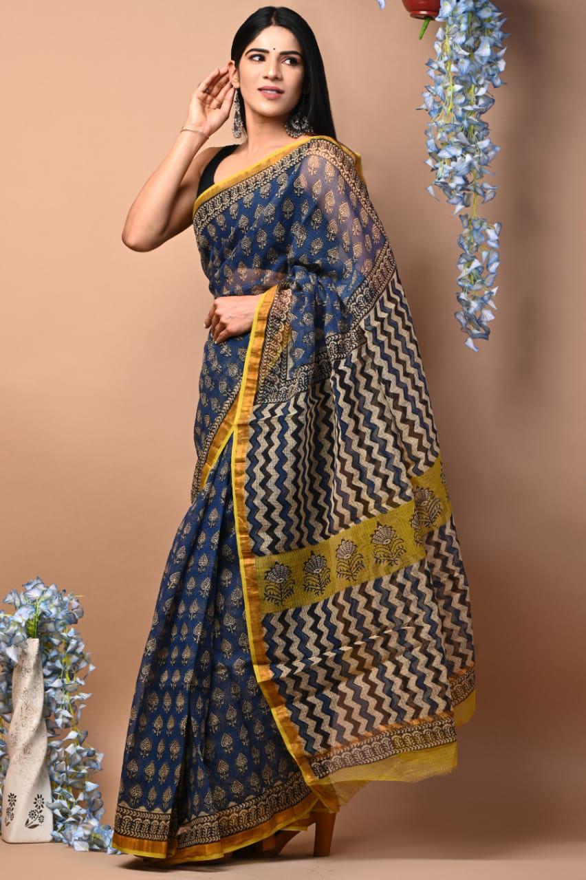 Exclusive hand Block Printed Kota Doria Saree (SWSRKO02)