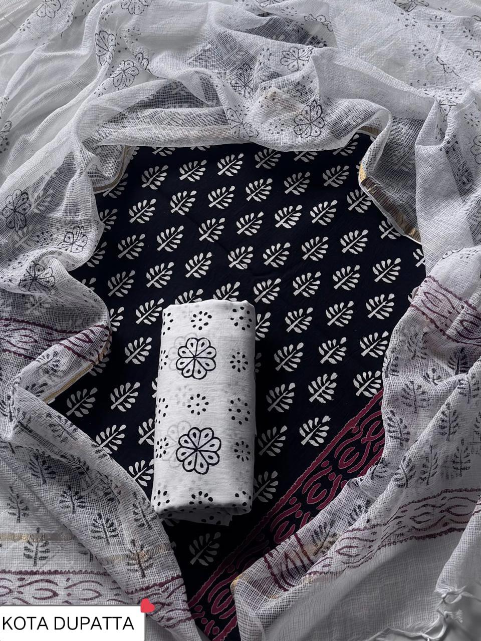 DESIGNER HAND BLOCK PRINT COTTON SUIT SET WITH KOTA DORIA DUPATTA(WAKOTMU04)