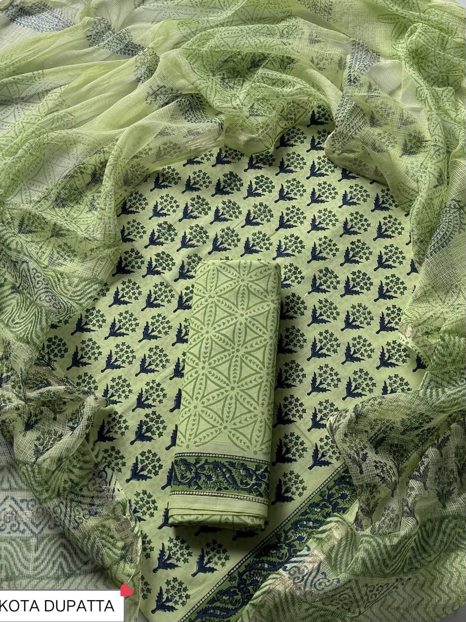 DESIGNER HAND BLOCK PRINT COTTON SUIT SET WITH KOTA DORIA DUPATTA (WAKOTMU05)