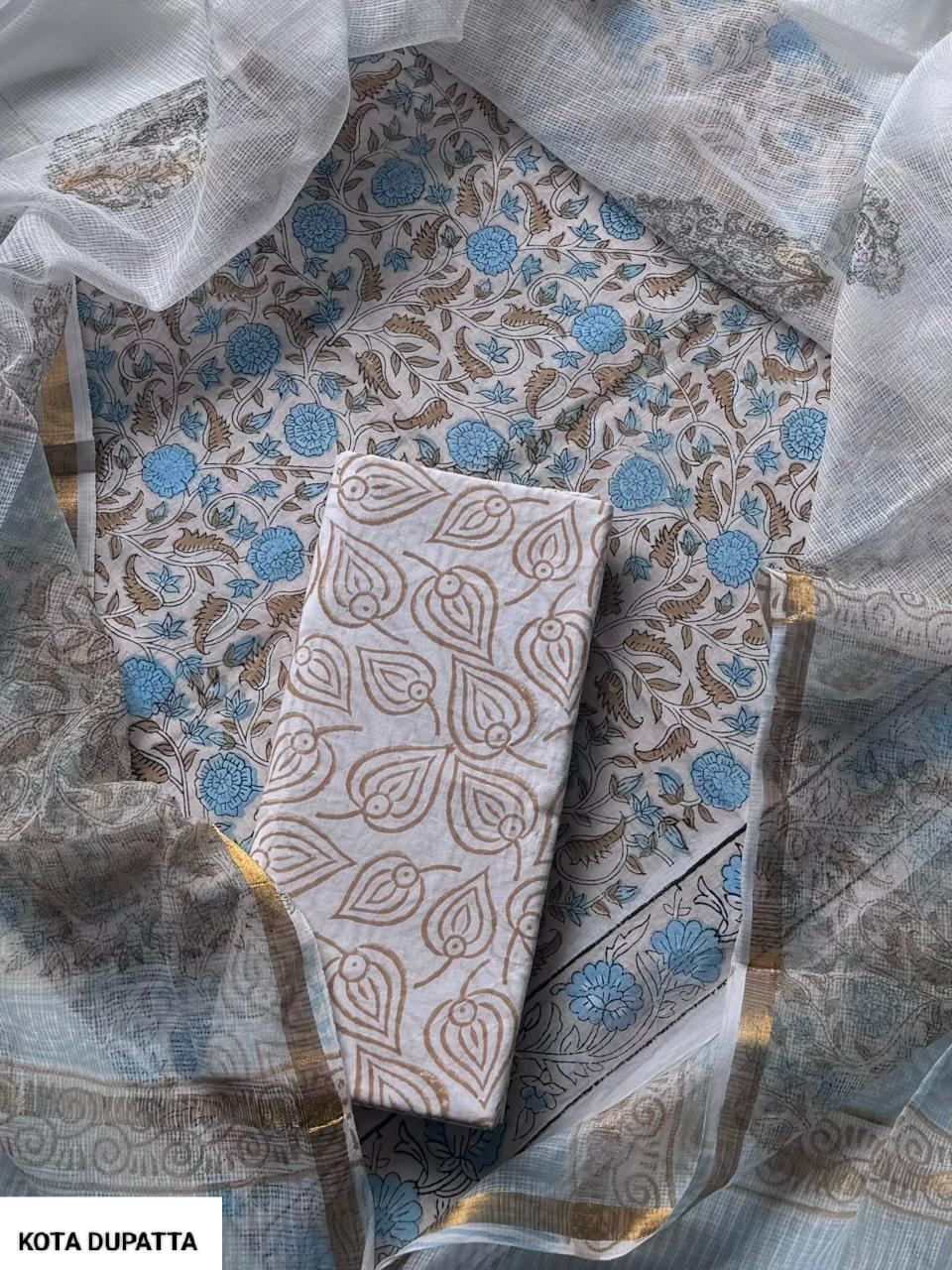 DESIGNER HAND BLOCK PRINT COTTON SUIT SET WITH KOTA DORIA DUPATTA(WAKOTMU07)