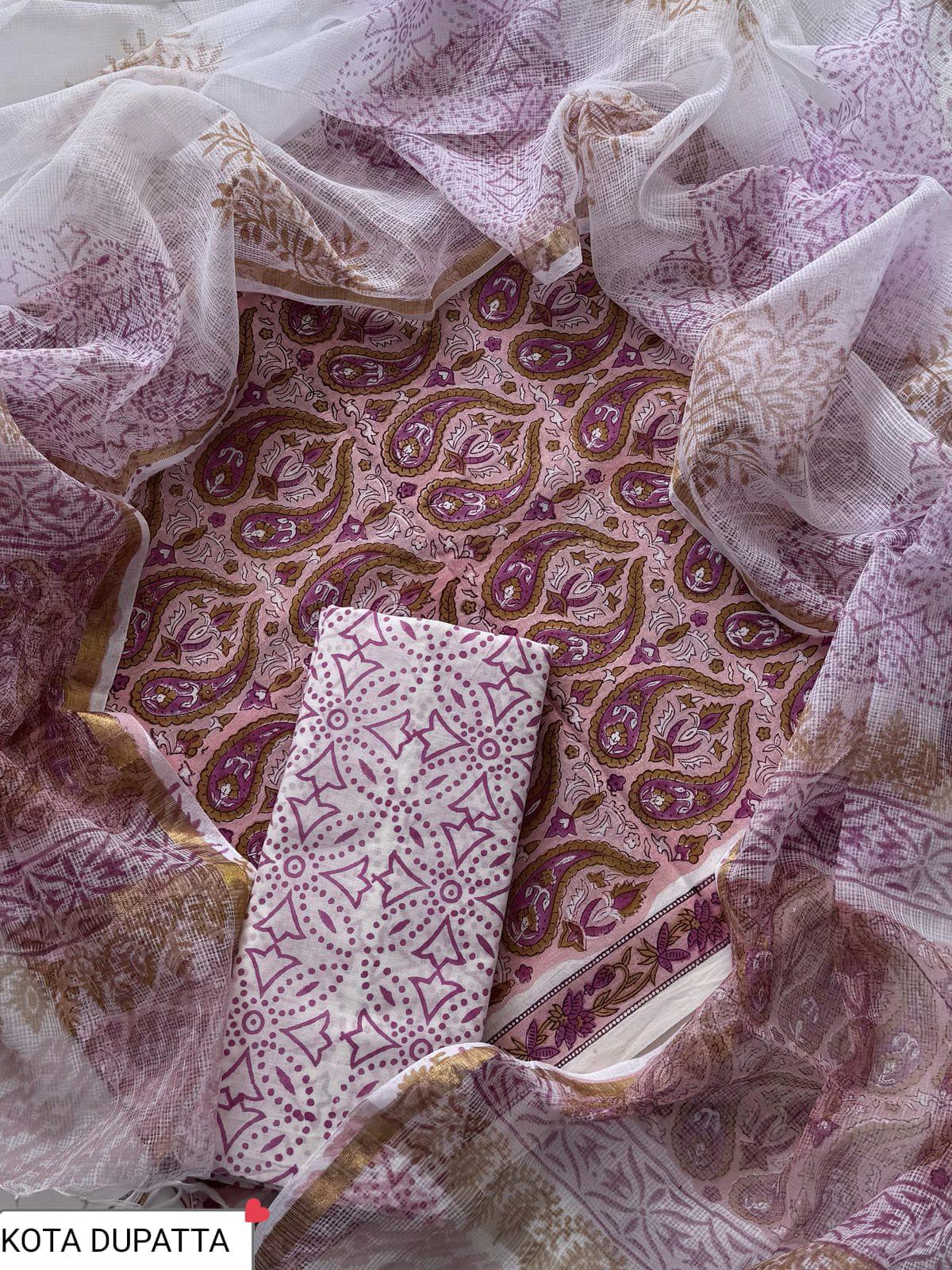 Suits Wala Hand Block Print Cotton Suit Set with Kota Doria Dupatta (WAKOTMU19
