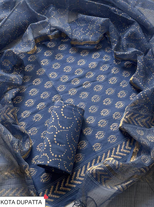 Premium Hand Block Print Cotton Suit Set with Kota Doria Dupatta WAKOTMU33