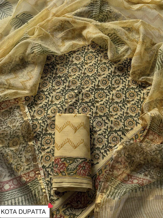 Premium Hand Block Print Cotton Suit Set with Kota Doria Dupatta WAKOTMU36