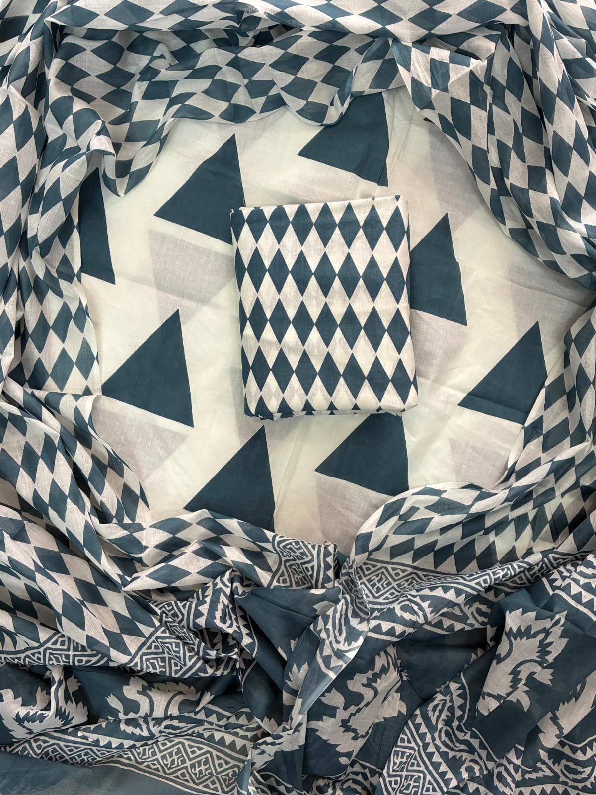 ELEGANT HAND BLOCK PRINT COTTON SUIT SET WITH MULMUL DUPATTA(WACOTMU11)
