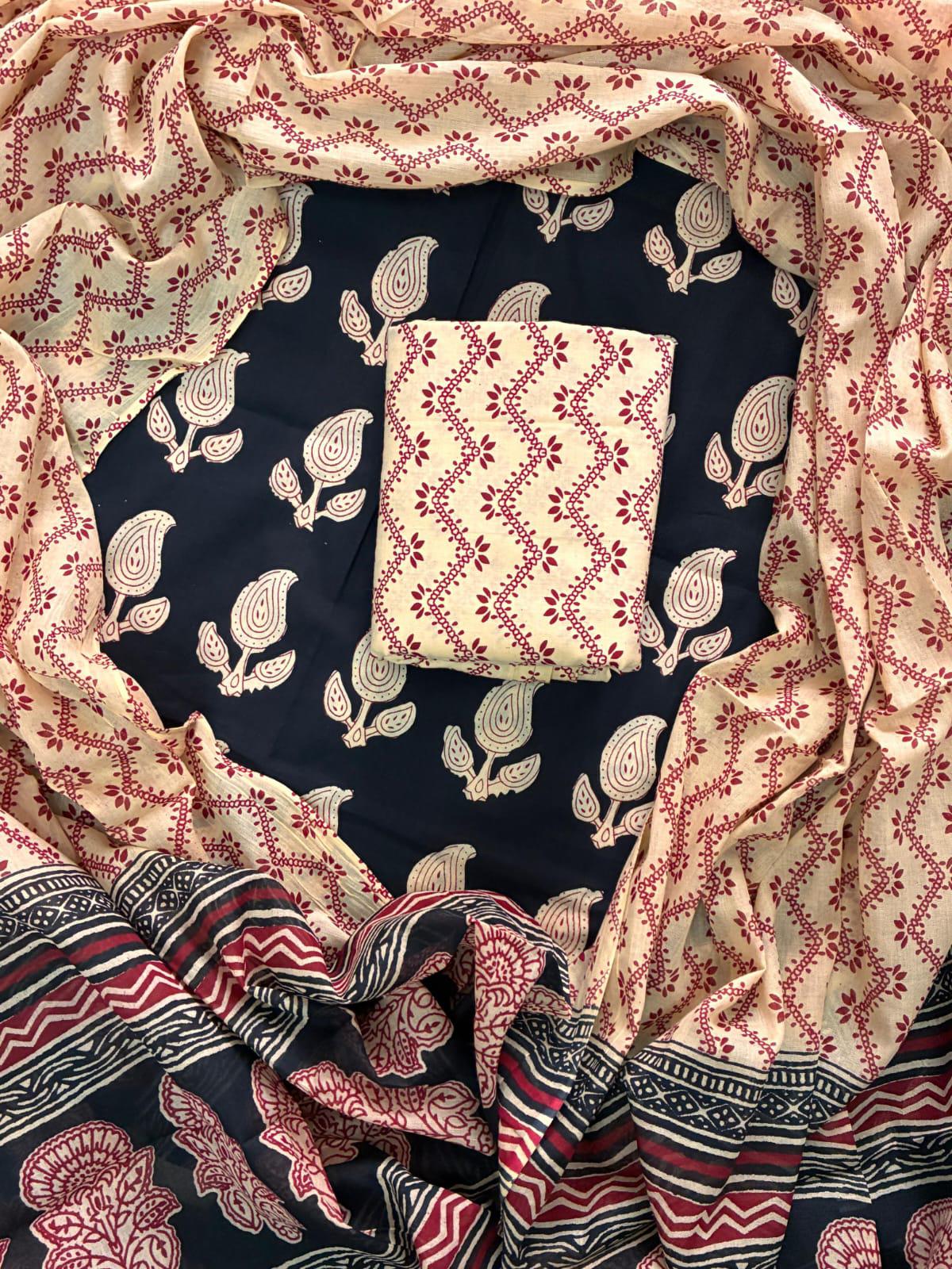ELEGANT HAND BLOCK PRINT COTTON SUIT SET WITH MULMUL DUPATTA(WACOTMU31)
