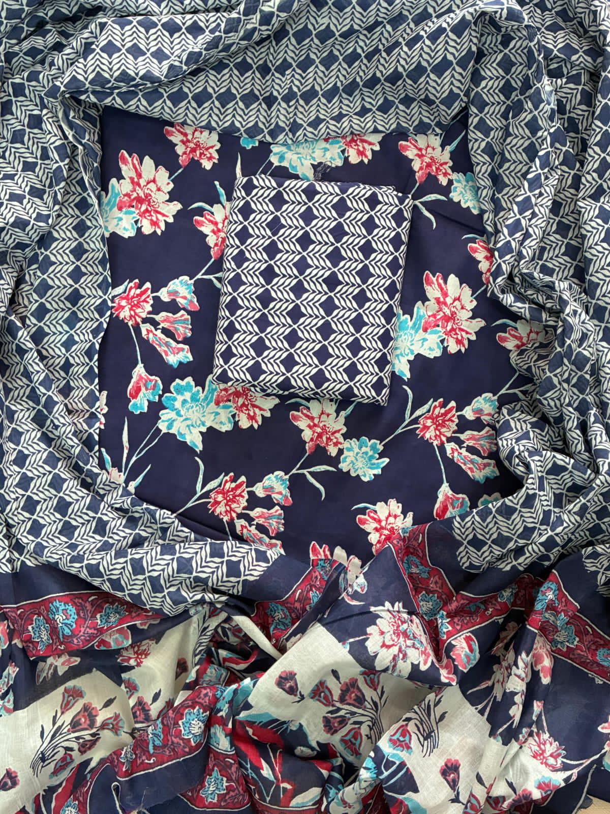 ELEGANT HAND BLOCK PRINT COTTON SUIT SET WITH MULMUL DUPATTA(WACOTMU38)