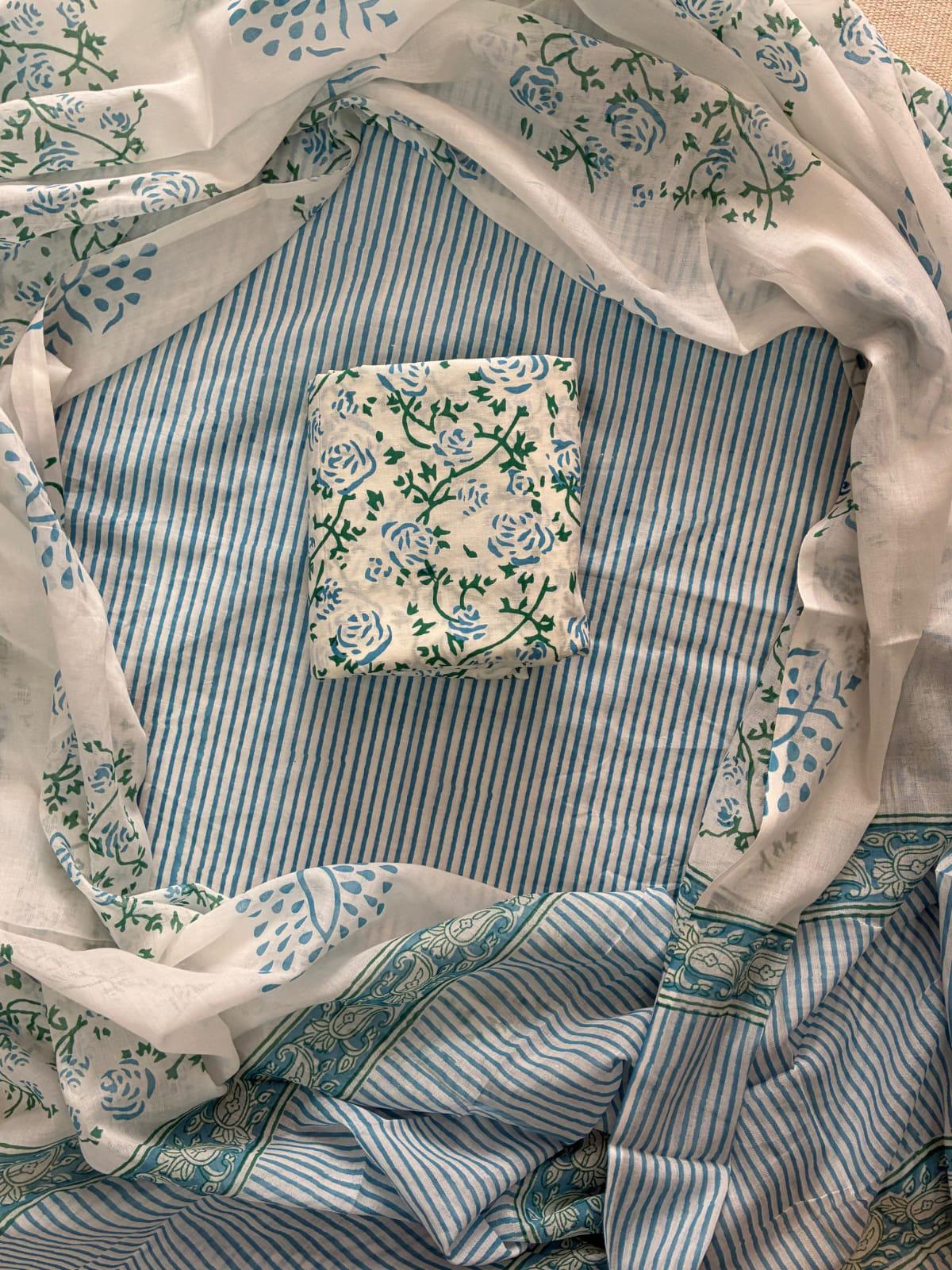 ELEGANT HAND BLOCK PRINT COTTON SUIT SET WITH MULMUL DUPATTA(WACOTMU41)